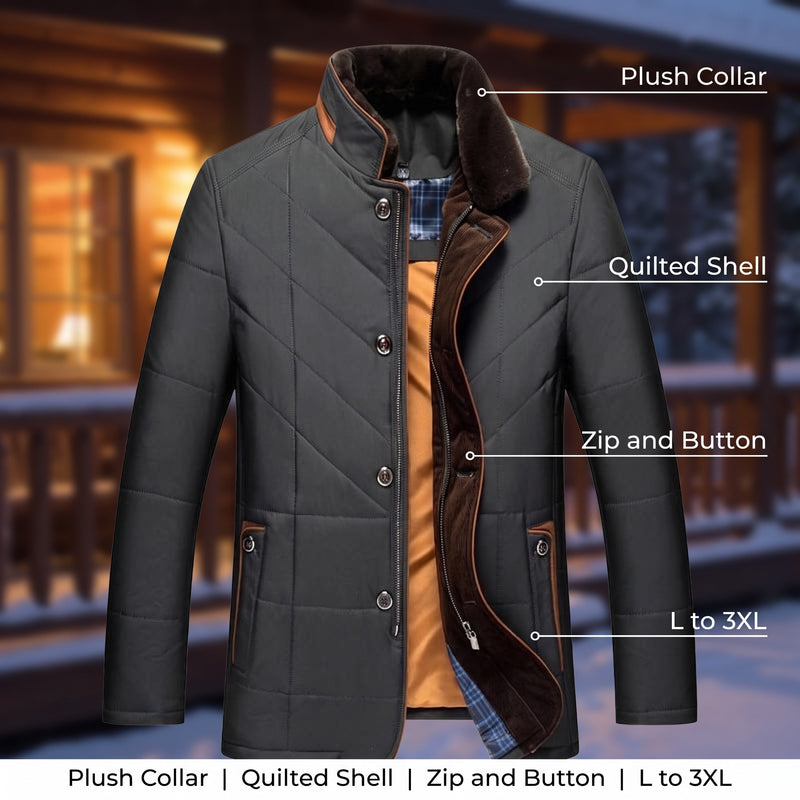 Men's Quilted Car Coat Plush Stand Collar Button Front Winter Jacket, product photo 2