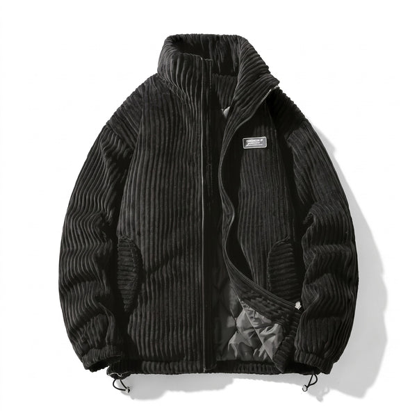 Men's Quilted Corduroy Jacket Stand Collar Elastic Cuff Winter Coat