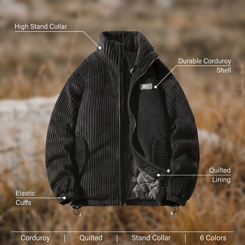 Men’s Quilted Corduroy Jacket Stand Collar Elastic Cuffs Warm, product photo 2