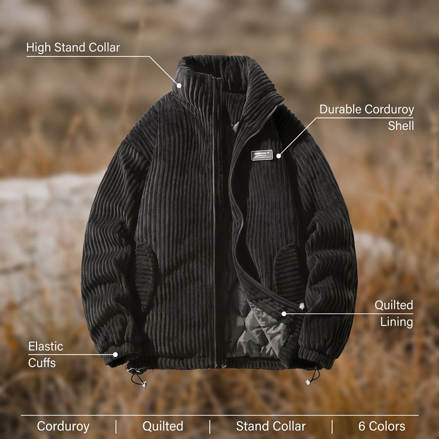 Men’s Quilted Corduroy Jacket Stand Collar Elastic Cuffs Warm, product photo 2