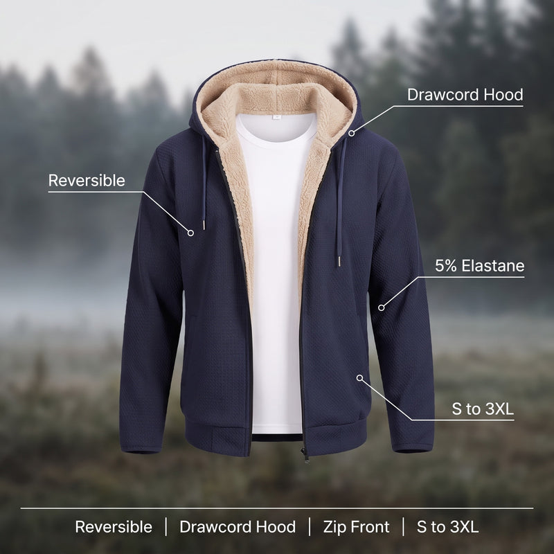 Men's Reversible Teddy Fleece Jacket Hooded Drawcord Two Sided, product photo 2