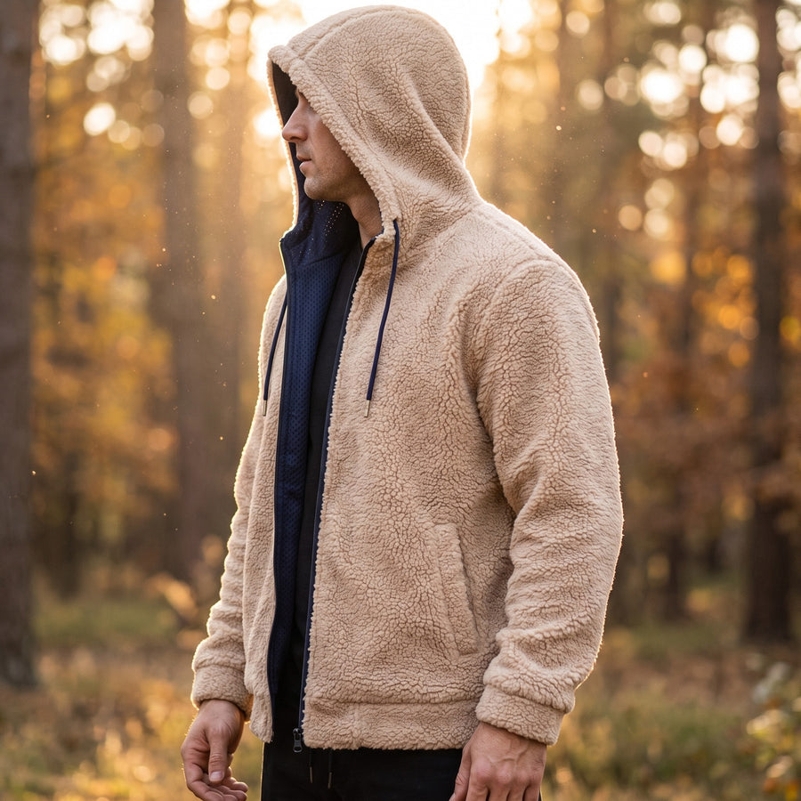 Men's Reversible Teddy Fleece Jacket Hooded Drawcord Two Sided, product photo 3