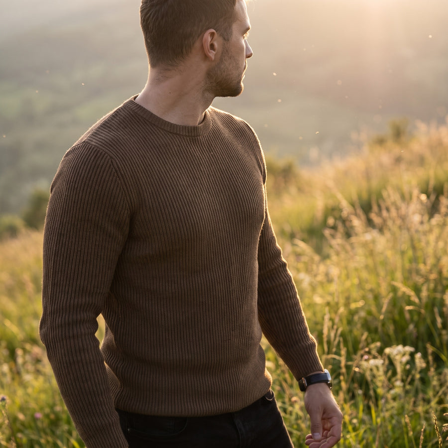 Men's Ribbed Knit Shirt Crew Neck Long Sleeve Stretch Casual Top, product photo 3