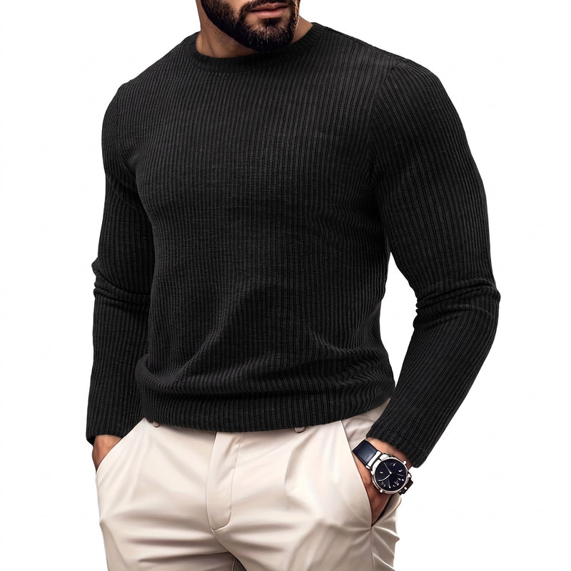 Men's Ribbed Knit Shirt Crew Neck Long Sleeve Stretch Casual Top, product photo 6