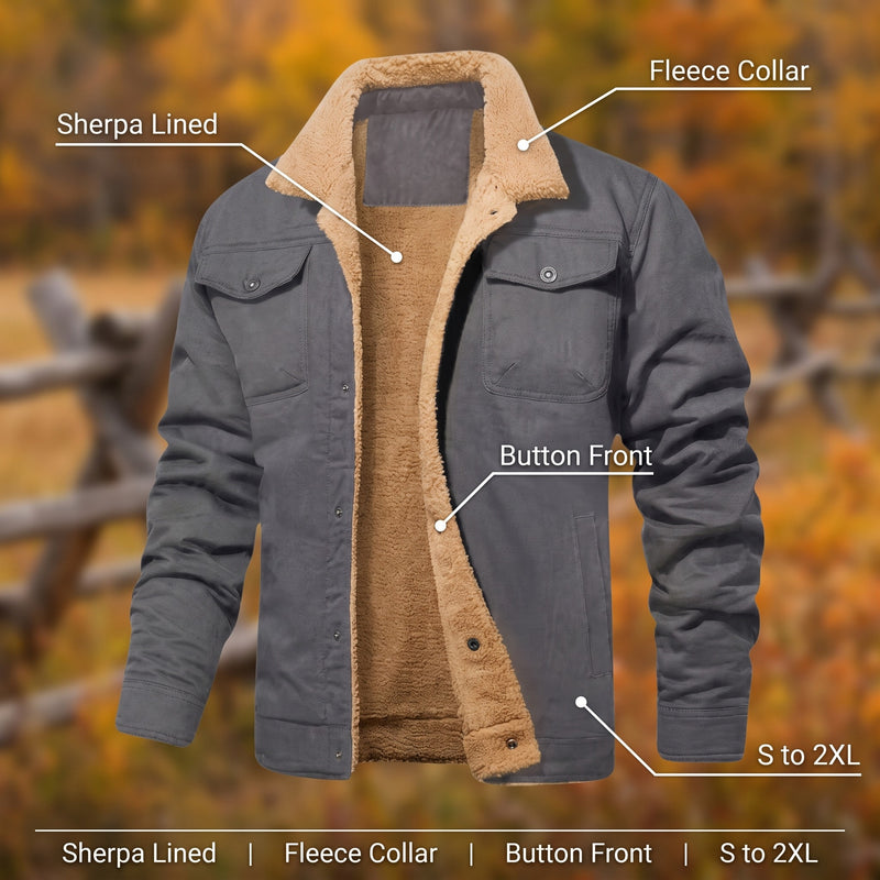 Men's Sherpa Lined Trucker Jacket Fleece Collar Button Work Coat, product photo 2