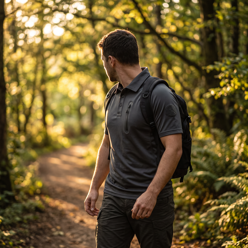 Man on a forest trail wearing the quick-dry tactical polo shirt