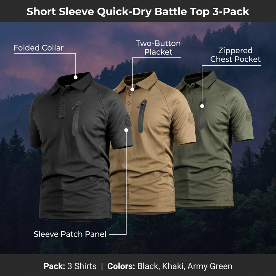 Feature overview of the battle top 3-pack: folded collar, two-button placket, zippered chest pocket, sleeve patch panel