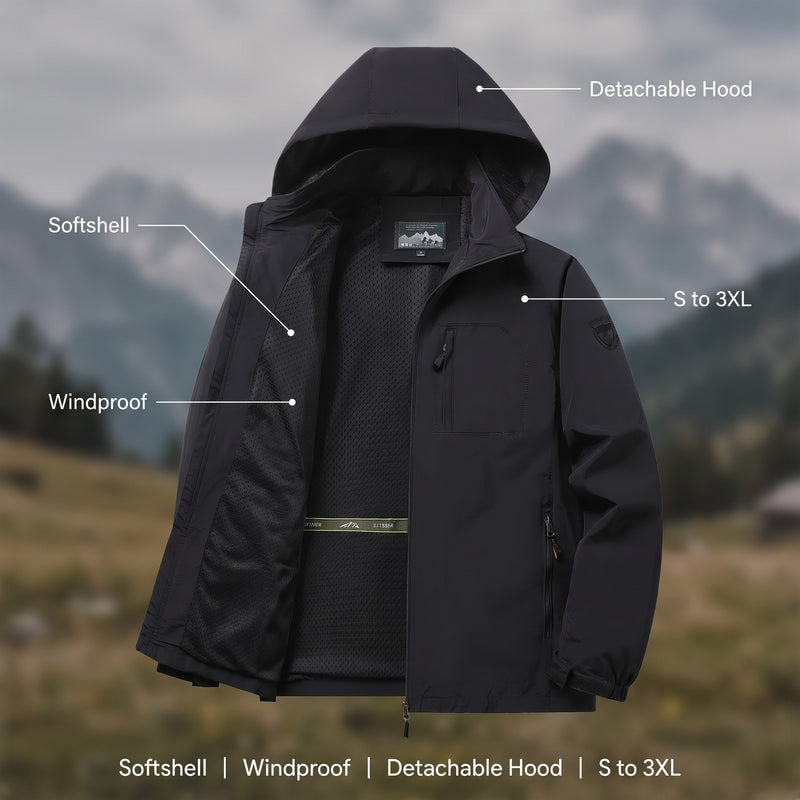 Men's Softshell Jacket Windproof Detachable Hood Zip Front, product photo 2
