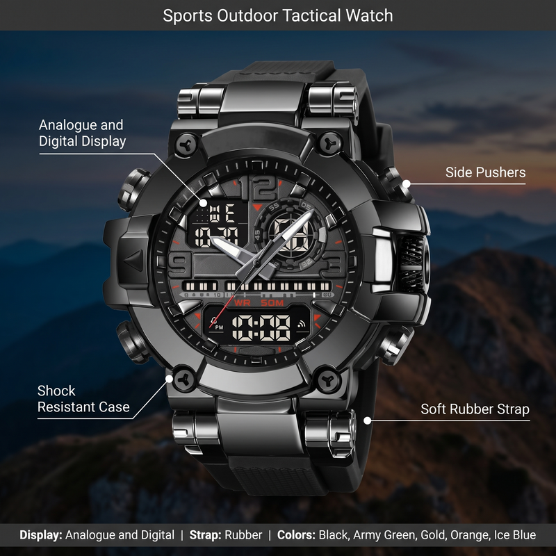 Feature overview of the sports outdoor tactical watch: analogue and digital display, side pushers, shock resistant case, rubber strap