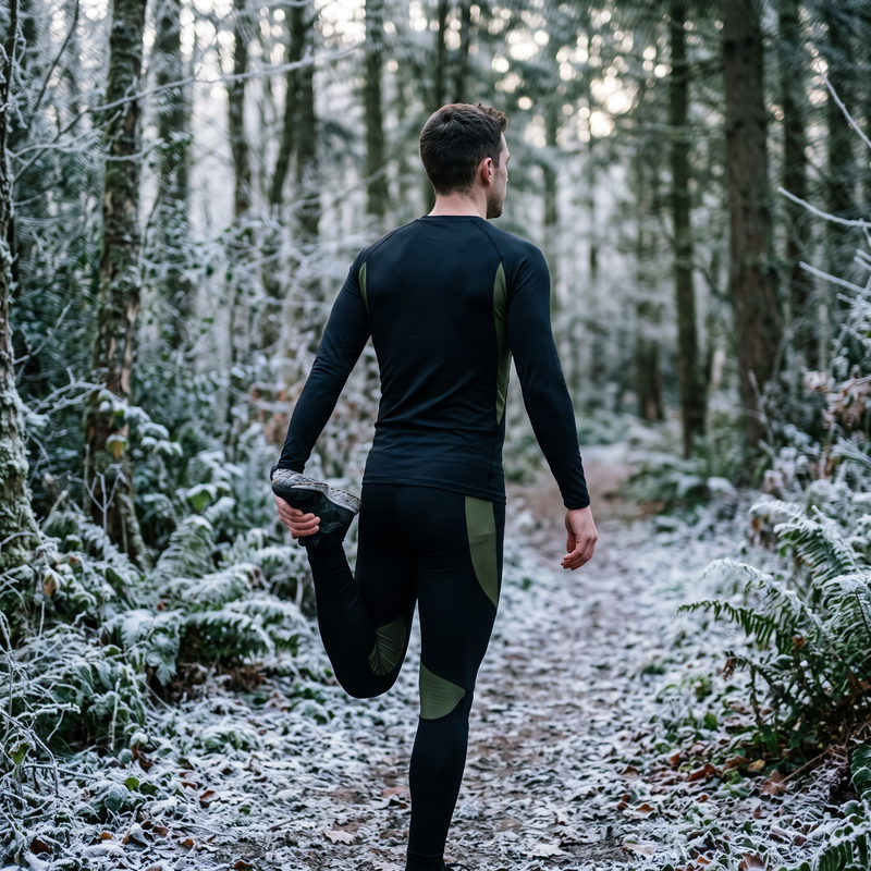 Runner stretching on a frosty forest path in the black thermal base layer set
