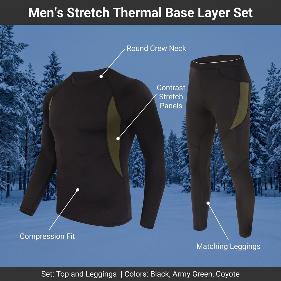 Feature overview of the stretch thermal base layer set: round crew neck, contrast stretch panels, compression fit, matching leggings