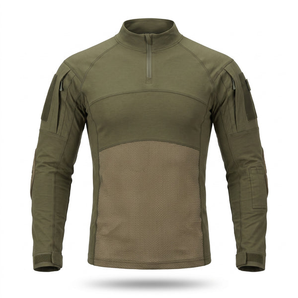 Men's Tactical Combat Shirt Half Zip Mesh Panels Cotton Blend