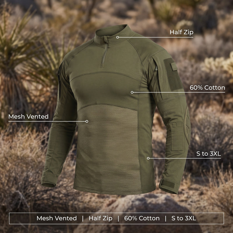 Men's Tactical Combat Shirt Half Zip Mesh Panels Cotton Blend, product photo 2