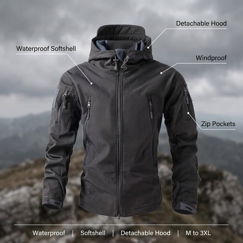 Men's Tactical Softshell Jacket Waterproof Detachable Hood Zip Pockets, product photo 2