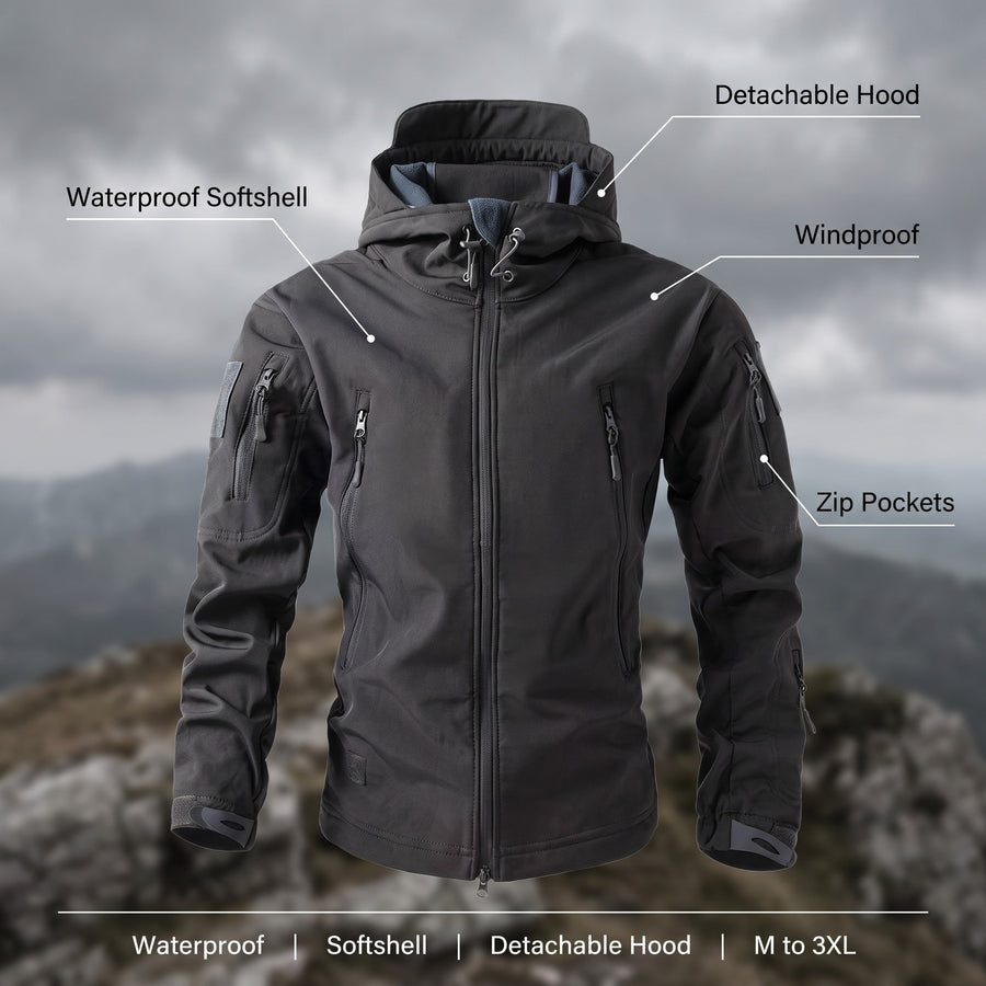 Men's Tactical Softshell Jacket Waterproof Detachable Hood Zip Pockets, product photo 2