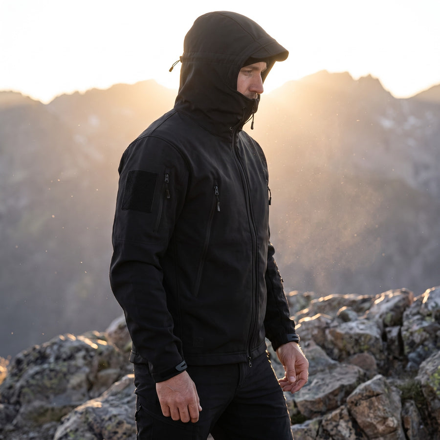 Men's Technical Softshell Jacket Hooded Storm Flap Multi Pocket, product photo 3