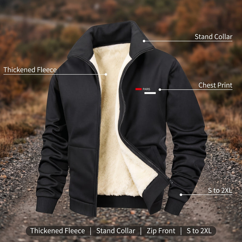 Men's Thickened Fleece Jacket Stand Collar Chest Print Zip, product photo 2