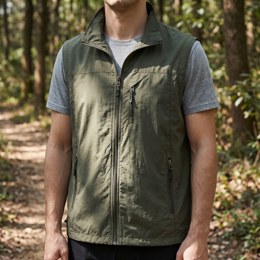 Man on a forest trail wearing the army green urban quick-dry vest with stand-up collar