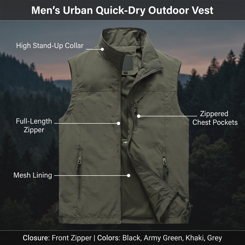 Feature overview of the urban quick-dry vest: high stand-up collar, full-length zipper, mesh lining, zippered chest pockets