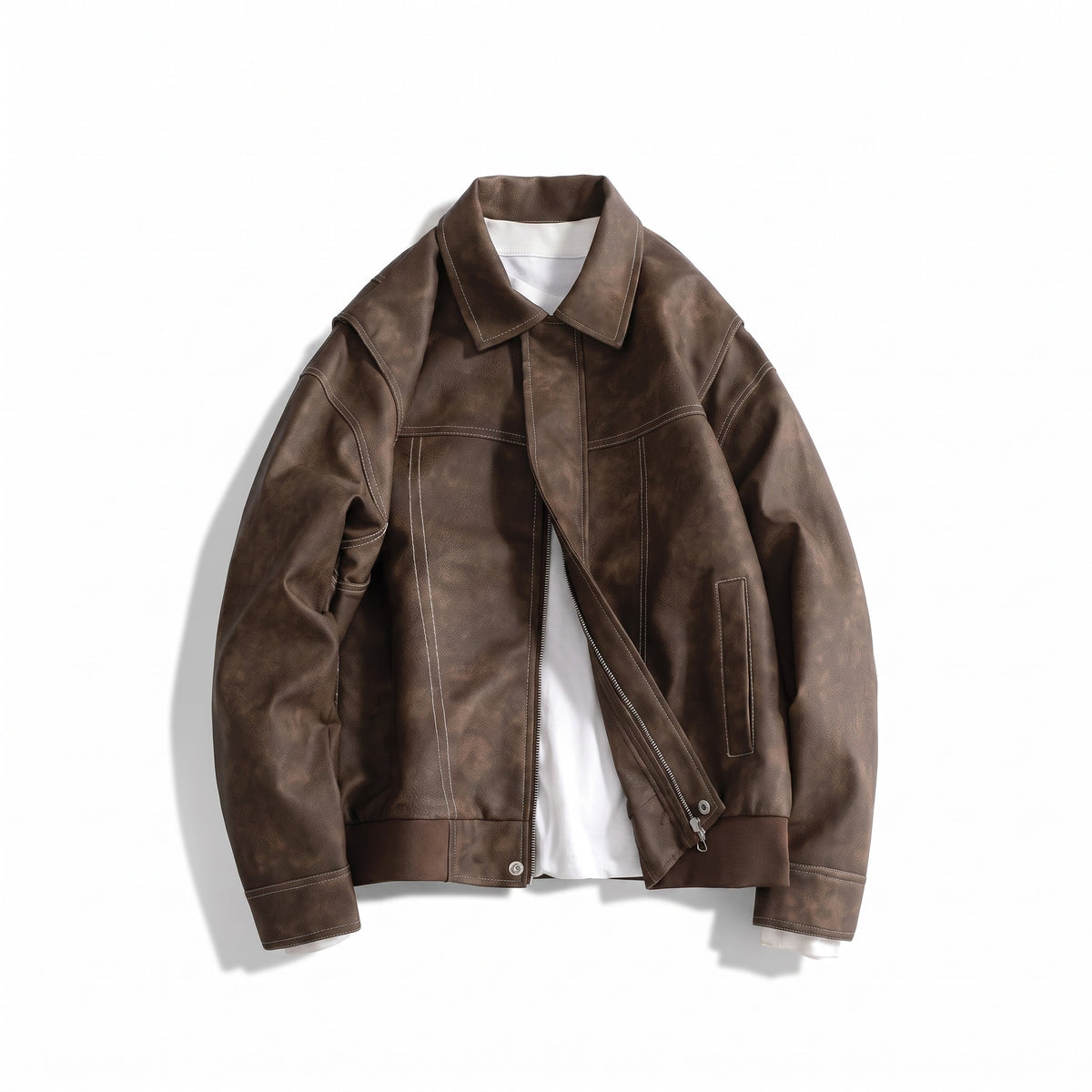 Men’s Vegan Leather Bomber Jacket Dual Pockets Classic Fit, product photo 1