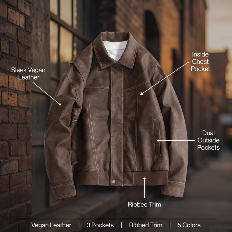 Men’s Vegan Leather Bomber Jacket Dual Pockets Classic Fit, product photo 2
