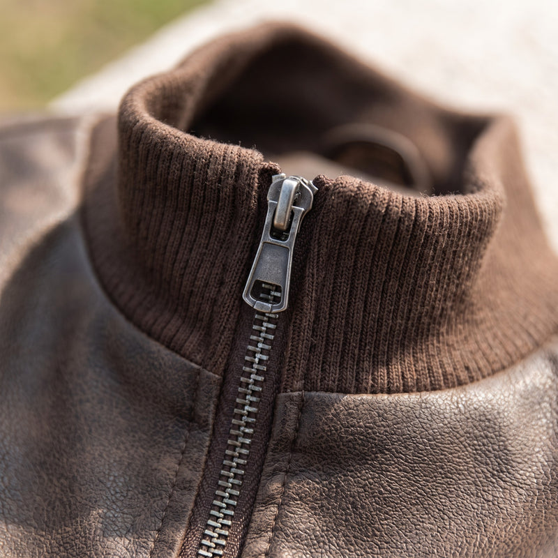 Men’s Vegan Leather Bomber Jacket Dual Pockets Classic Fit, product photo 4