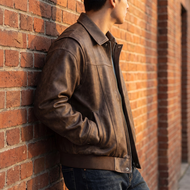 Men’s Vegan Leather Bomber Jacket Dual Pockets Classic Fit, product photo 5