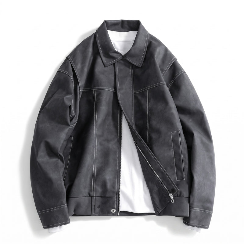 Men’s Vegan Leather Bomber Jacket Dual Pockets Classic Fit, product photo 6