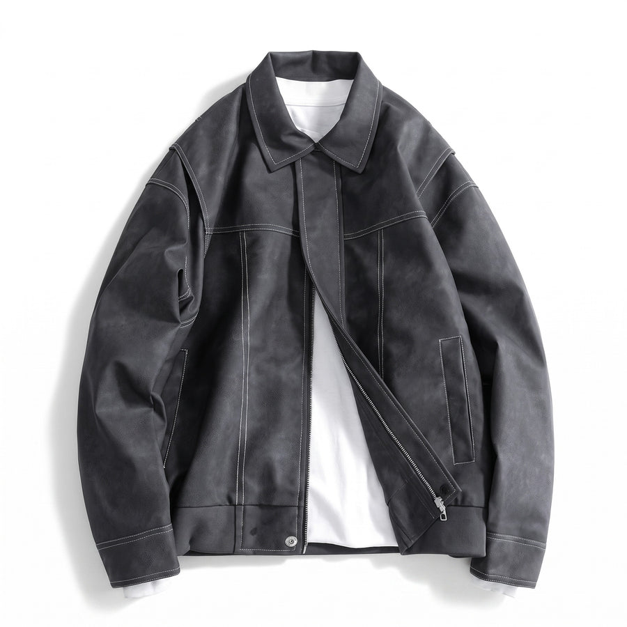 Men’s Vegan Leather Bomber Jacket Dual Pockets Classic Fit, product photo 6