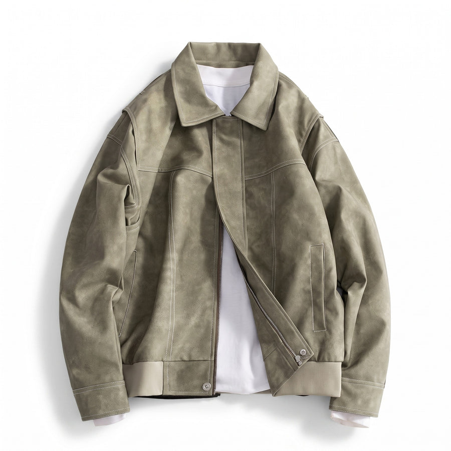 Men’s Vegan Leather Bomber Jacket Dual Pockets Classic Fit, product photo 7