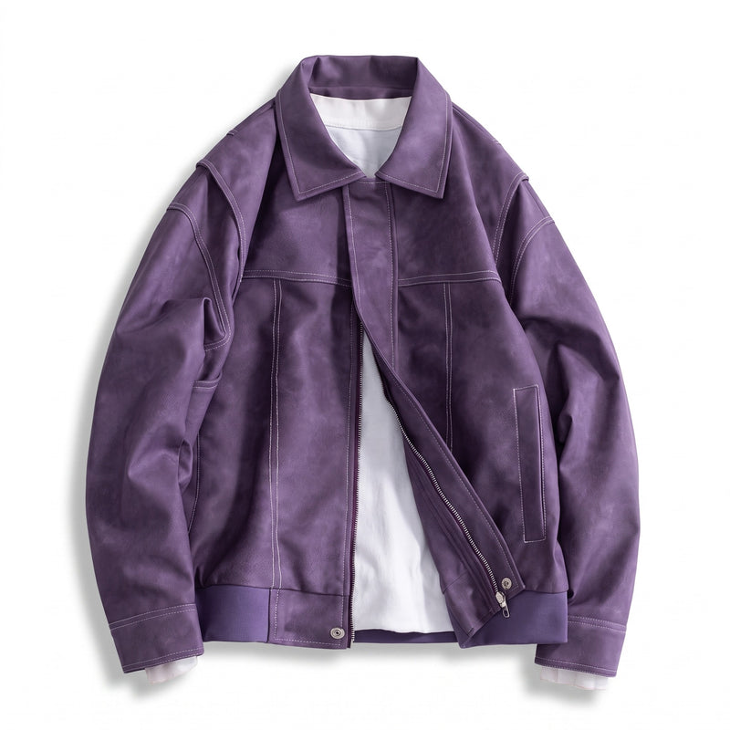 Men’s Vegan Leather Bomber Jacket Dual Pockets Classic Fit, product photo 8
