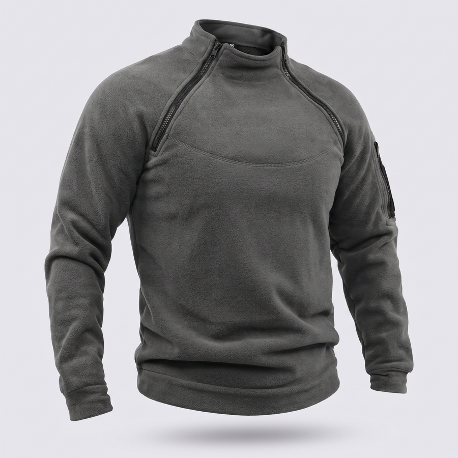 Men's warm fleece pullover in grey with stand-up collar and dual shoulder zippers