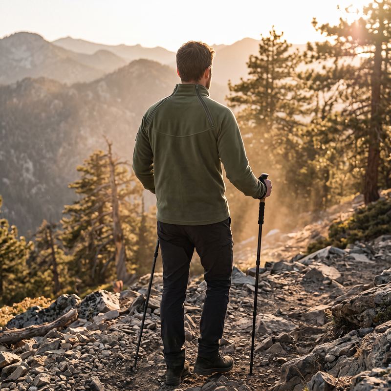 Man hiking a rocky mountain ridge at sunrise wearing the army green fleece pullover