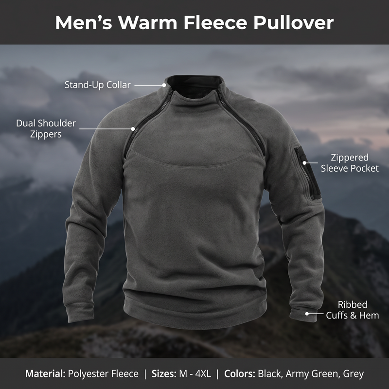 Feature overview of the men's warm fleece pullover: stand-up collar, dual shoulder zippers, zippered sleeve pocket, ribbed cuffs and hem