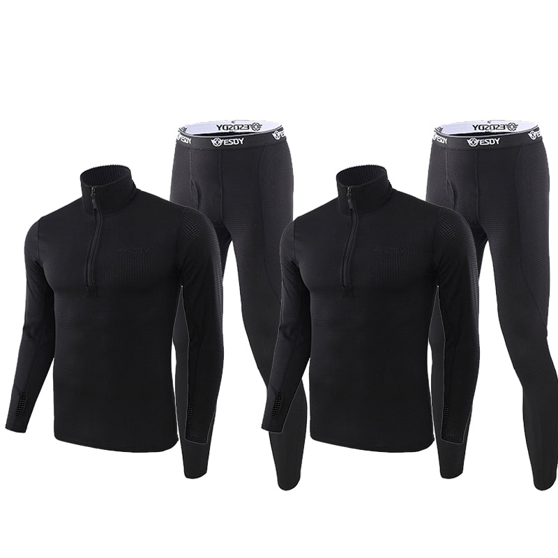Men's Warm Fleece Underwear Tactical Sports Shapewear Set in Black(2-pack)