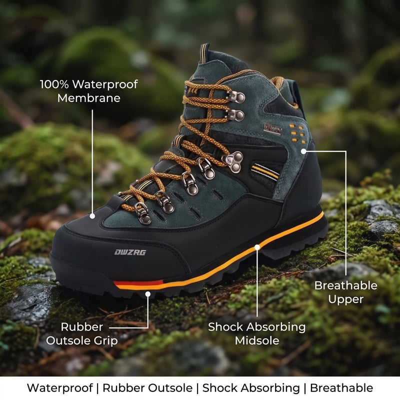 Men’s waterproof hiking boots on a mossy forest rock with feature callouts