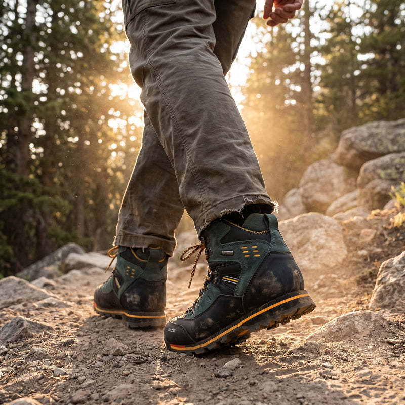 Hiker wearing the men’s waterproof hiking boots on a sunlit mountain trail