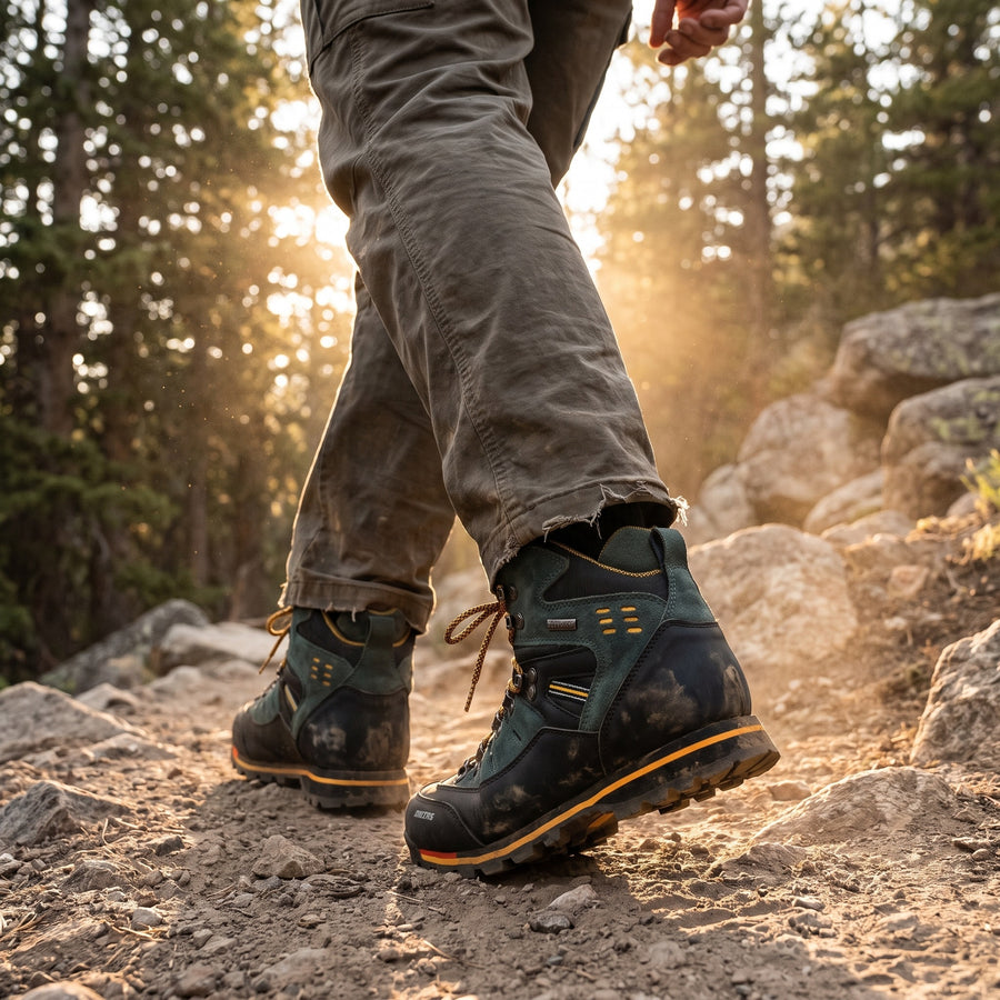 Hiker wearing the men’s waterproof hiking boots on a sunlit mountain trail