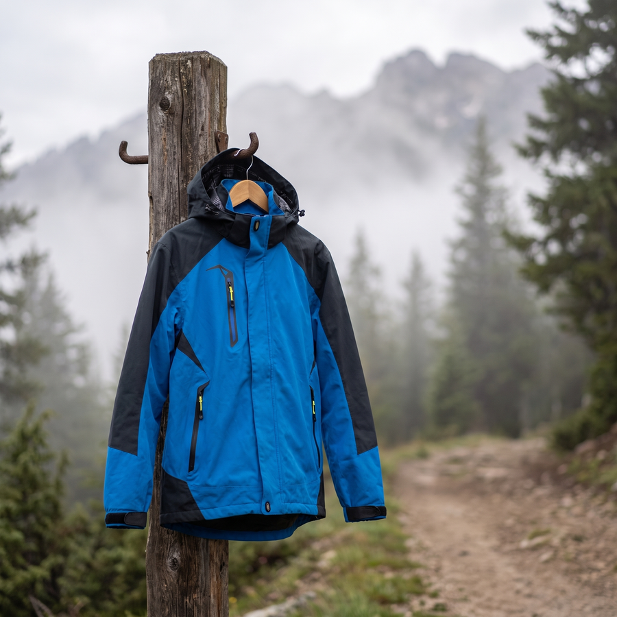 Waterproof hiking jacket outdoors on a misty mountain trail
