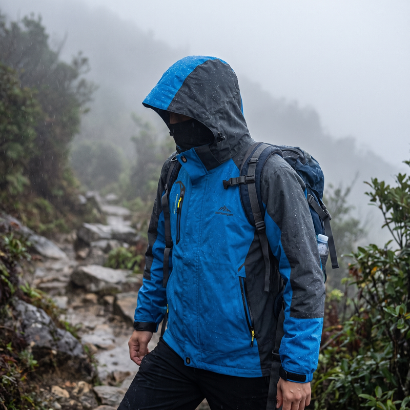 Hiker wearing the waterproof hiking jacket in misty mountain rain