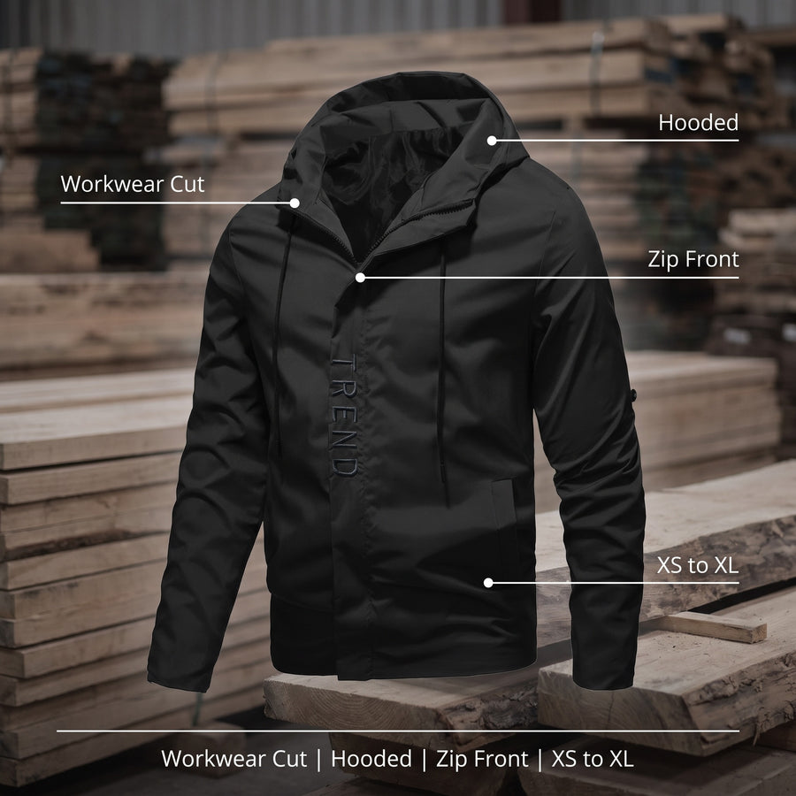 Men's Workwear Jacket Hooded Zip Front Pockets Black Coat, product photo 2