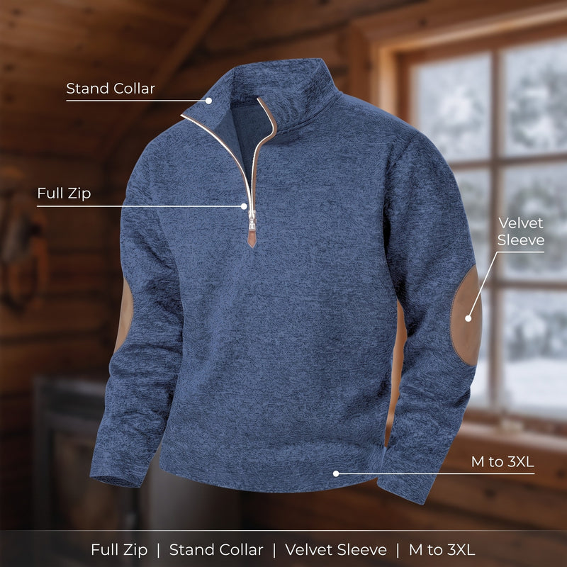 Men's Zip Knit Sweater Stand Collar Velvet Sleeve Warm Winter Jumper, product photo 2