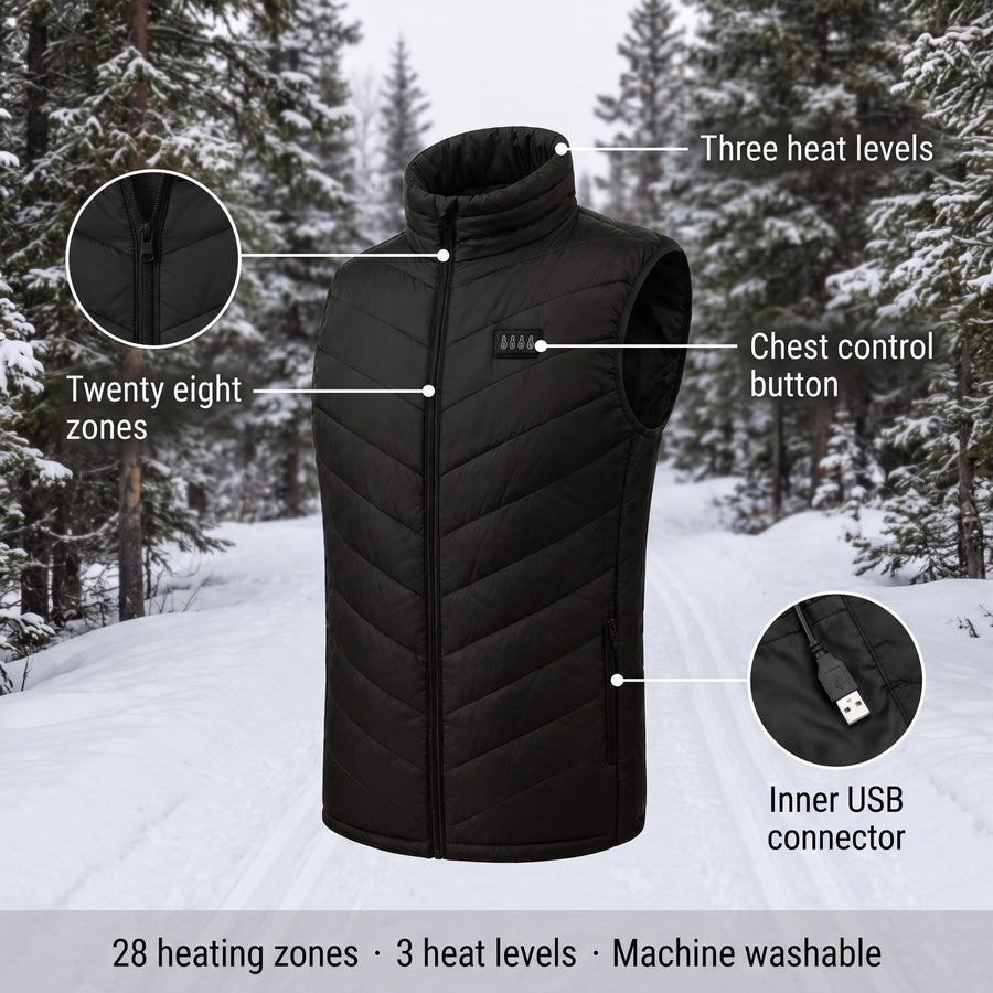 Men's USB Heated Vest 28 Heating Zones Quilted Winter Body Warmer, product photo 2