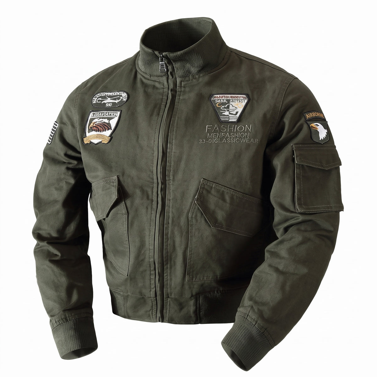 Military Bomber Jacket Army Green Cotton Embroidered Patches Men, product photo 1