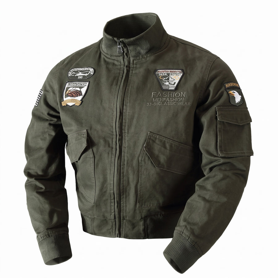 Military Bomber Jacket Army Green Cotton Embroidered Patches Men, product photo 1