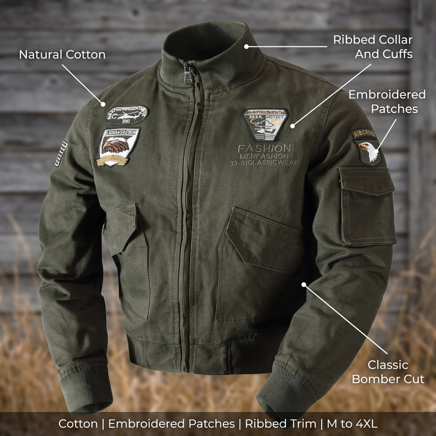 Military Bomber Jacket Army Green Cotton Embroidered Patches Men, product photo 2