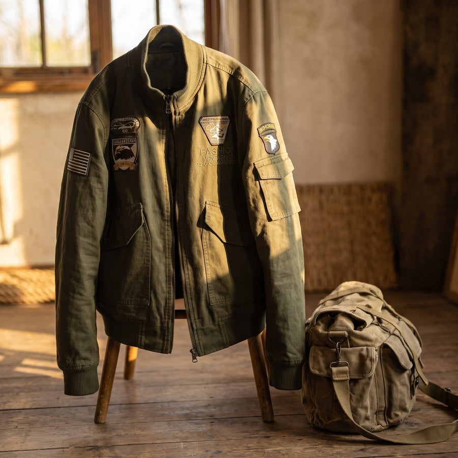 Military Bomber Jacket Army Green Cotton Embroidered Patches Men, product photo 5