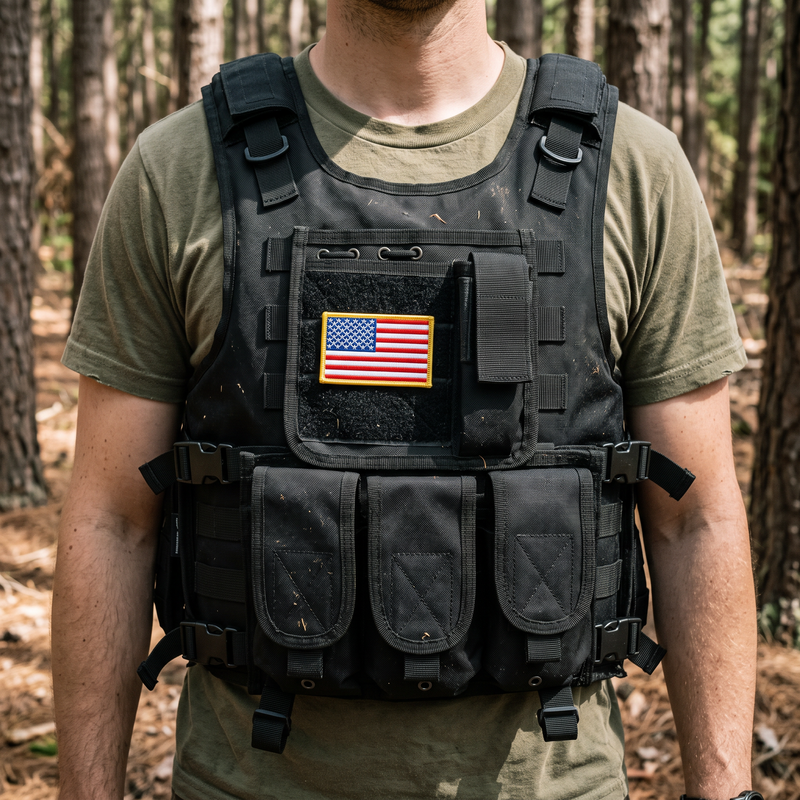 Black tactical vest with US flag patch worn in a forest