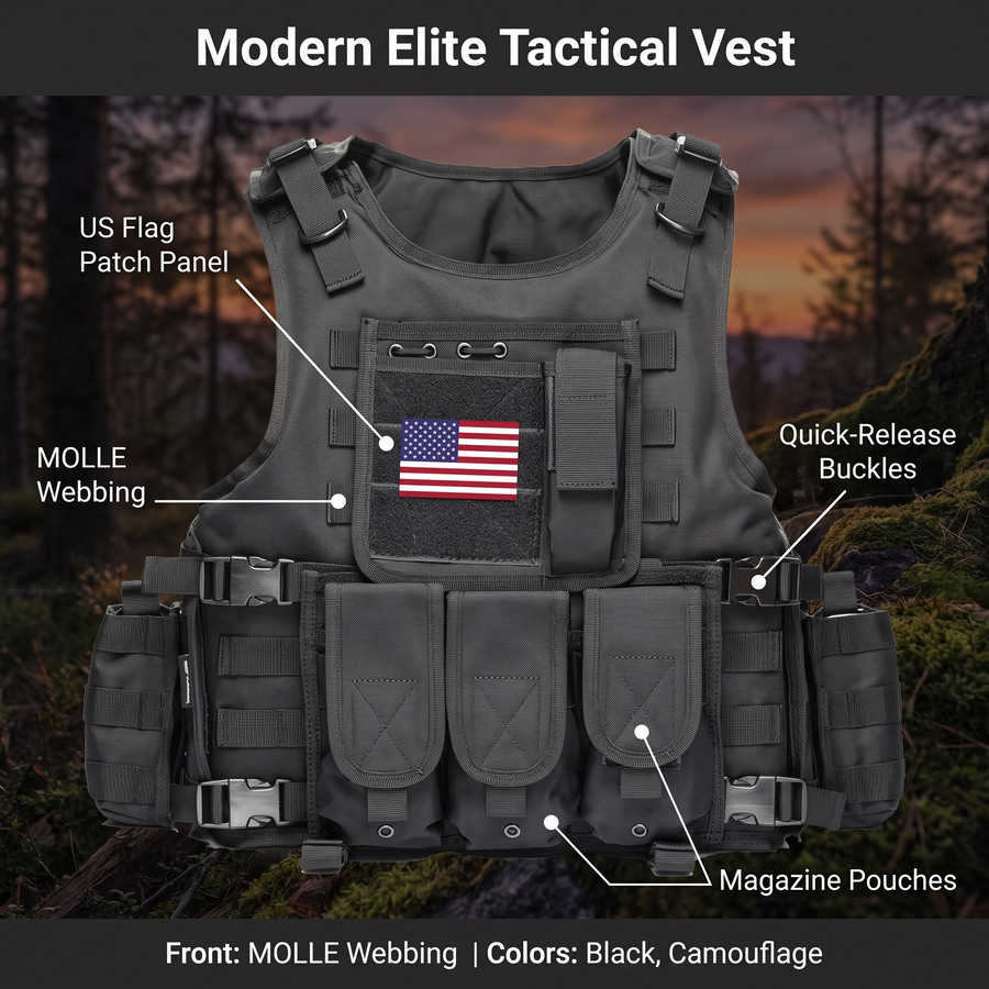 Feature overview of the Modern Elite tactical vest: US flag patch panel, MOLLE webbing, magazine pouches, quick-release buckles