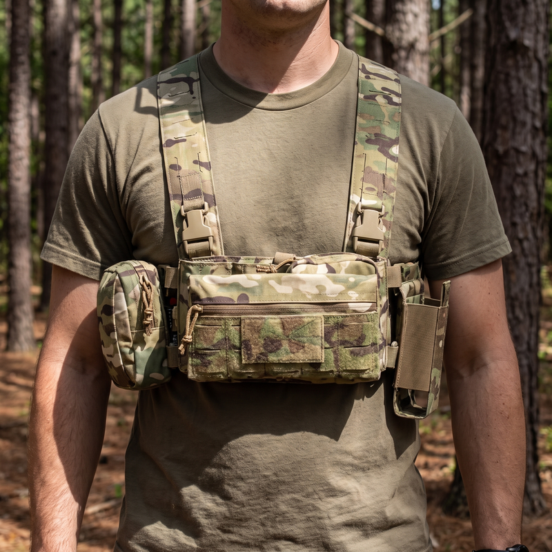 Camouflage chest rig with H-harness worn over an olive t-shirt